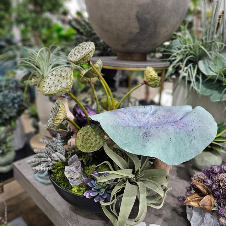 Hand Painted Leaf, Amythest, Lotus Pods, Fern, Grapewood and Succulents in Bowl 27"H - LDF Silk