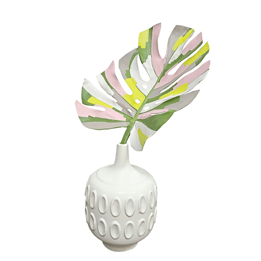 Hand Painted Monstera Leaf in Decorative Ceramic Vase 20"H - LDF Silk
