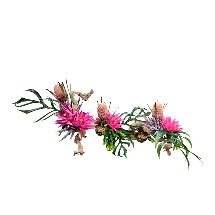 Hot Pink Water Lily, Montera Leaves and Succulents on Sculptural Grapewood 22"H - LDF Silk