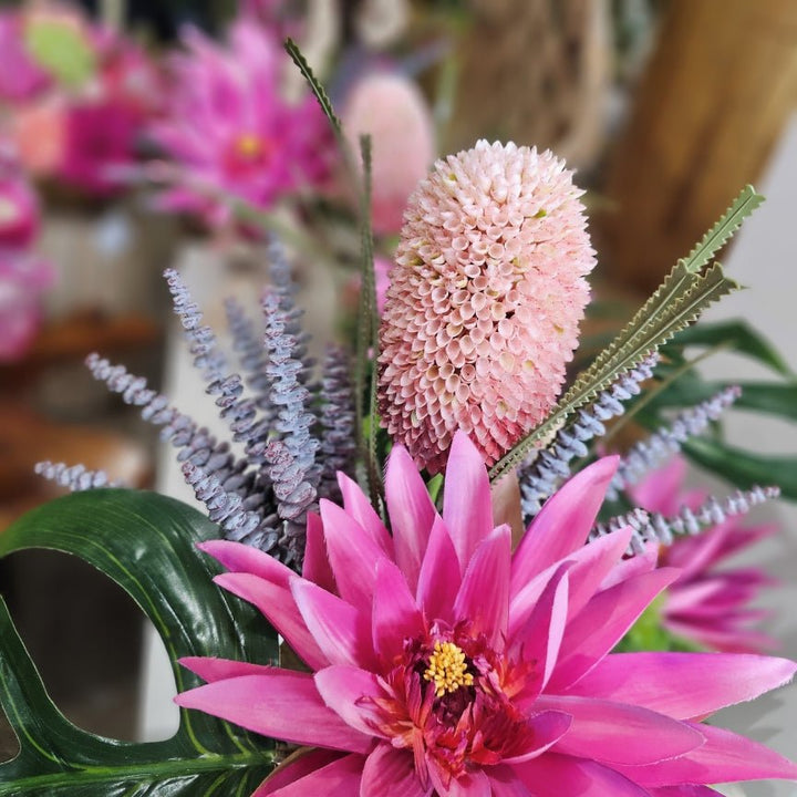 Hot Pink Water Lily, Montera Leaves and Succulents on Sculptural Grapewood 22"H - LDF Silk