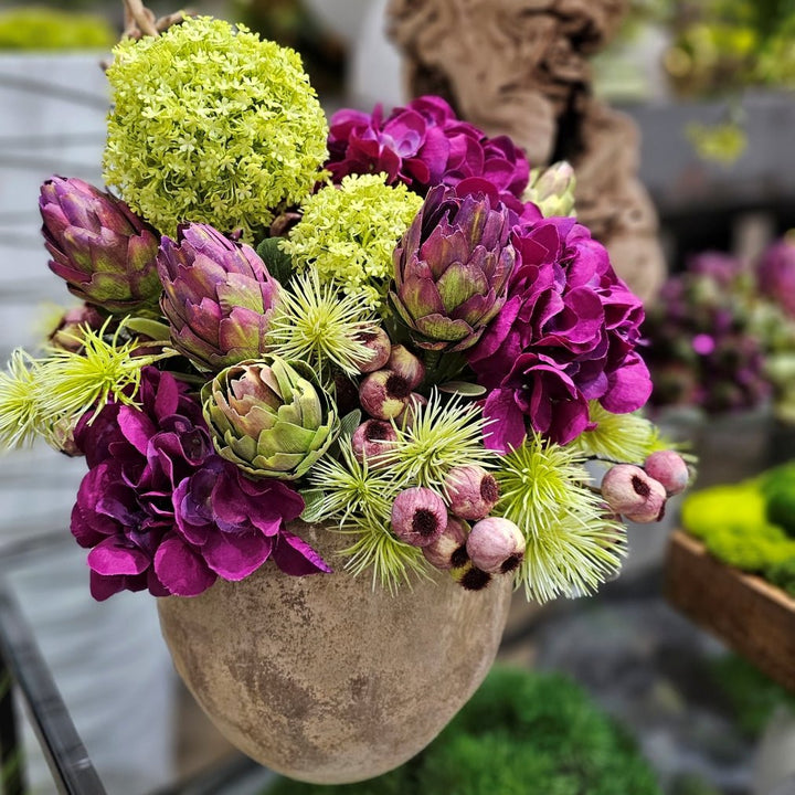 Hydrangea, Allium, Protea, Berries and Spikey Thistle in Aged Ceramic 20"H - LDF Silk