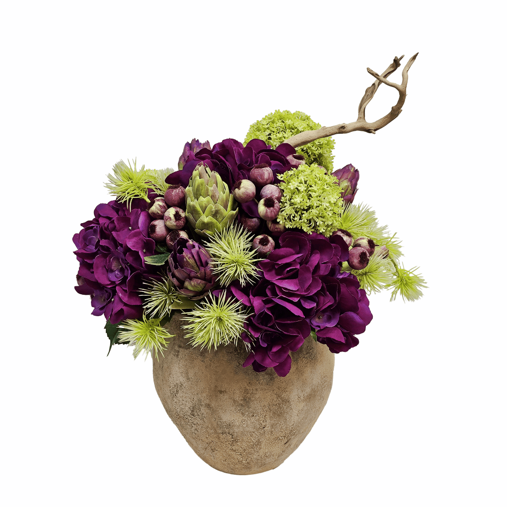 Hydrangea, Allium, Protea, Berries and Spikey Thistle in Aged Ceramic 20"H - LDF Silk
