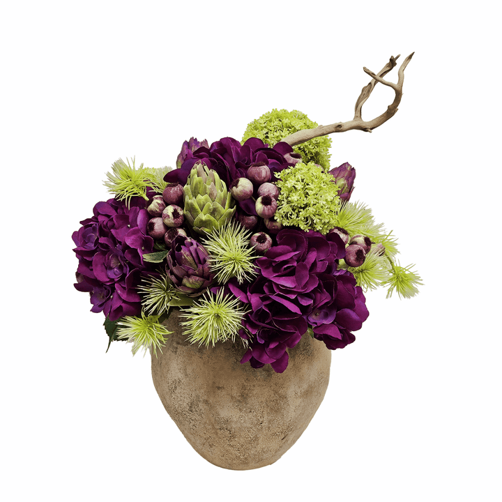 Hydrangea, Allium, Protea, Berries and Spikey Thistle in Aged Ceramic 20"H - LDF Silk