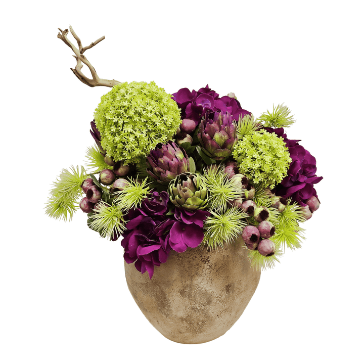 Hydrangea, Allium, Protea, Berries and Spikey Thistle in Aged Ceramic 20"H - LDF Silk
