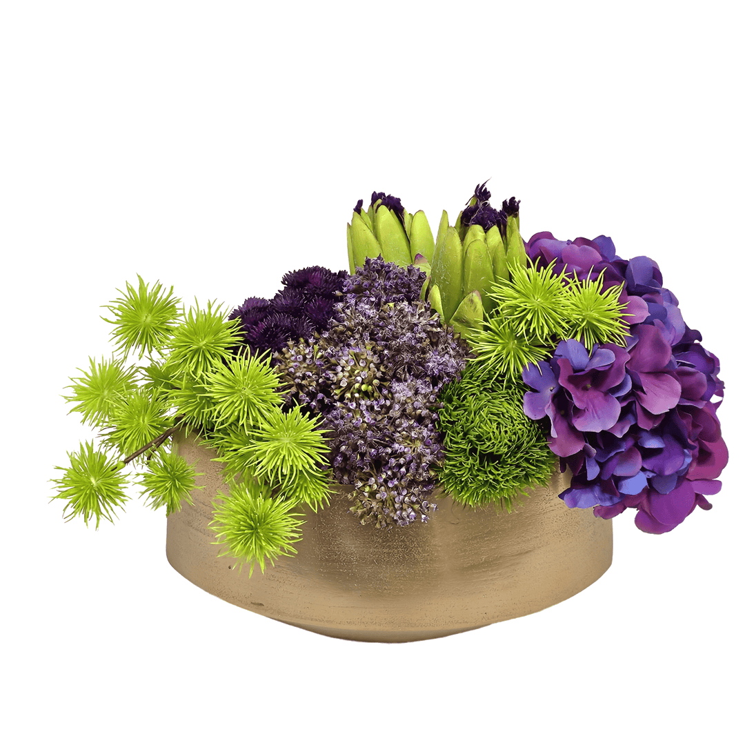 Hydrangea, Protea, Thistle and Sedum in Metal Oval 11"H - LDF Silk