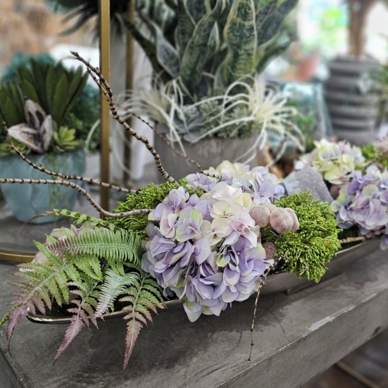 Hydrangeas, Amethyst, Ferns, Figs and Tiger Wood in Boat 17"H - LDF Silk
