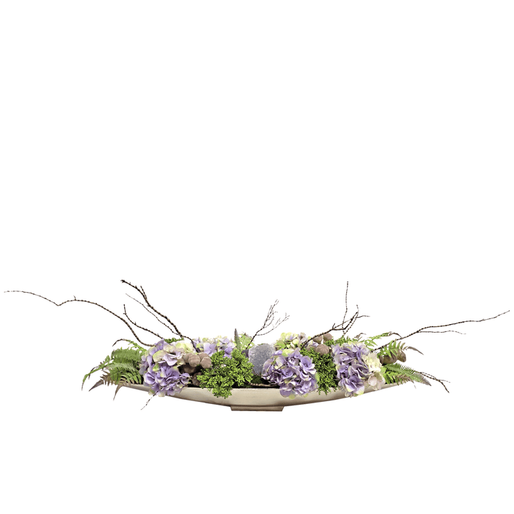 Hydrangeas, Amethyst, Ferns, Figs and Tiger Wood in Boat 17"H - LDF Silk