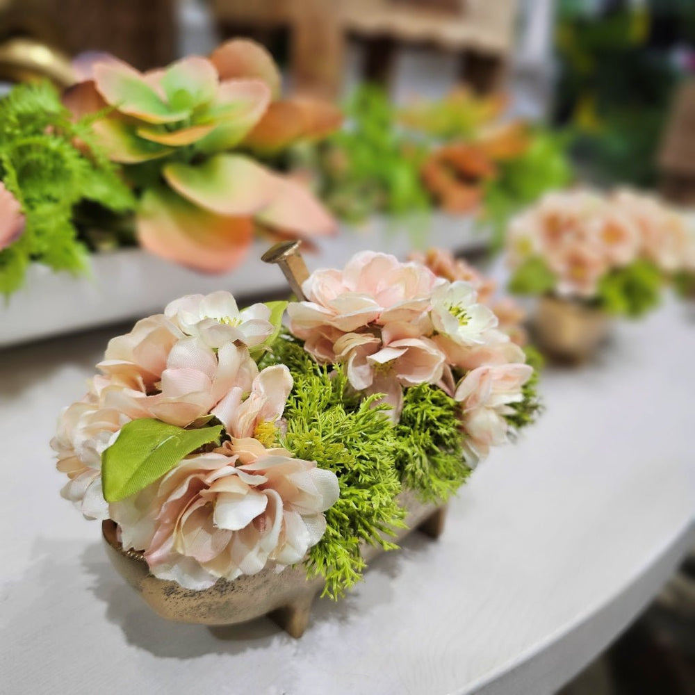 Hydrangeas and Sedum with Metal Spikes in Metal Boat 5.5"H - LDF Silk