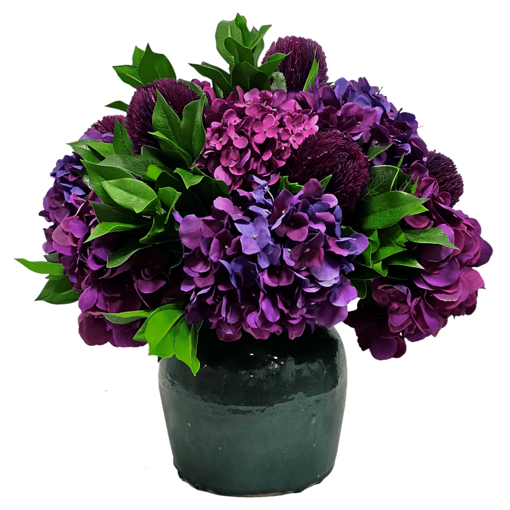 Hydrangeas, Banksia and Leaves in Jar FH: 20"H - LDF Silk