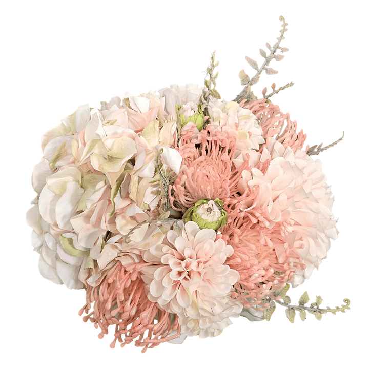 Hydrangeas, Dahlias and Proteas in Organic Glazed Ceramic Bowl 7"H - LDF Silk