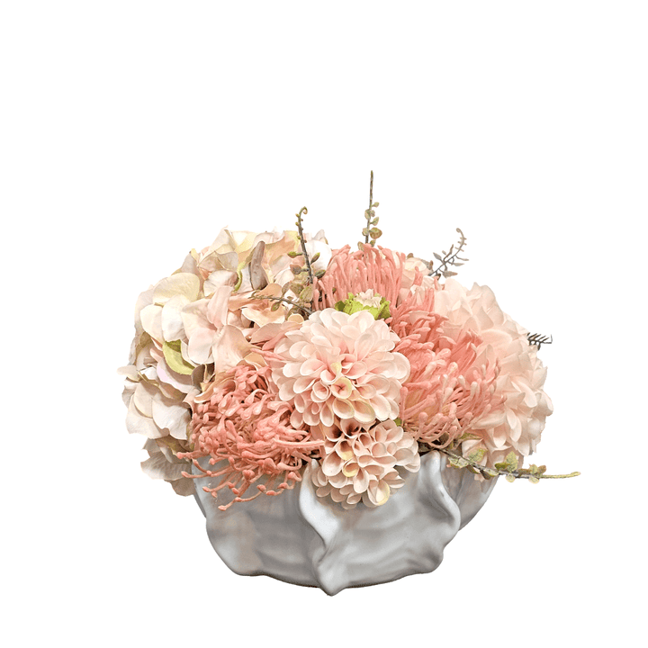 Hydrangeas, Dahlias and Proteas in Organic Glazed Ceramic Bowl 7"H - LDF Silk