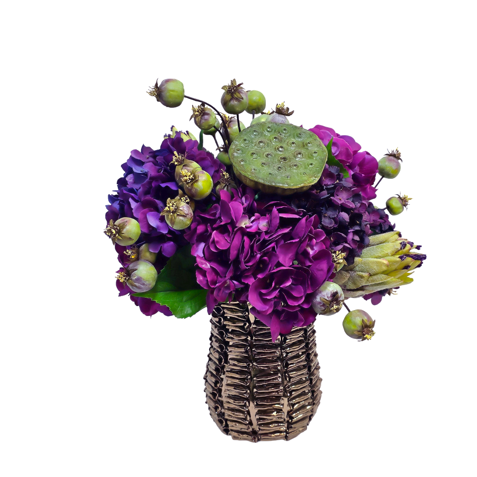 Hydrangeas, Protea, Lotus and Poppy Pods in Textured Ceramic Vase 18"H - LDF Silk