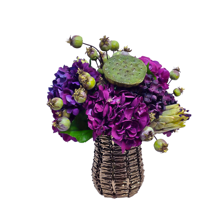 Hydrangeas, Protea, Lotus and Poppy Pods in Textured Ceramic Vase 18"H - LDF Silk