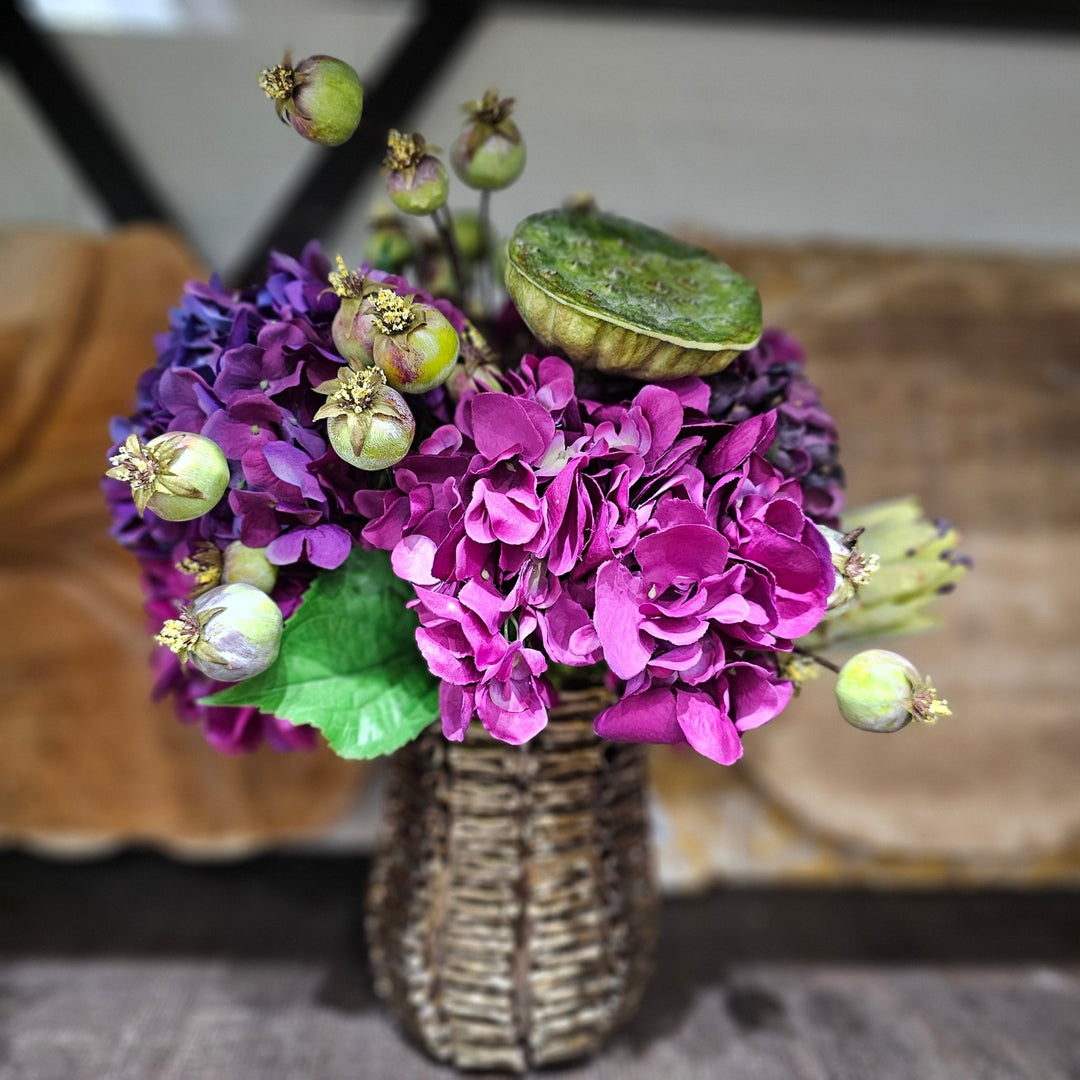 Hydrangeas, Protea, Lotus and Poppy Pods in Textured Ceramic Vase 18"H - LDF Silk