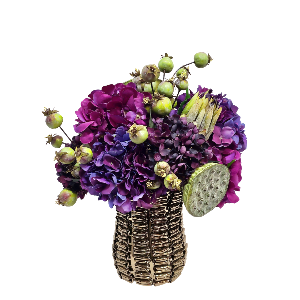 Hydrangeas, Protea, Lotus and Poppy Pods in Textured Ceramic Vase 18"H - LDF Silk