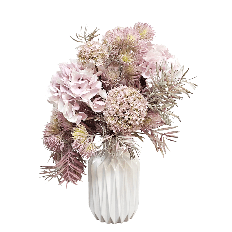 Hydrangeas, Snowballs, Thistle and Fern in Geometric White Vase 22"H - LDF Silk