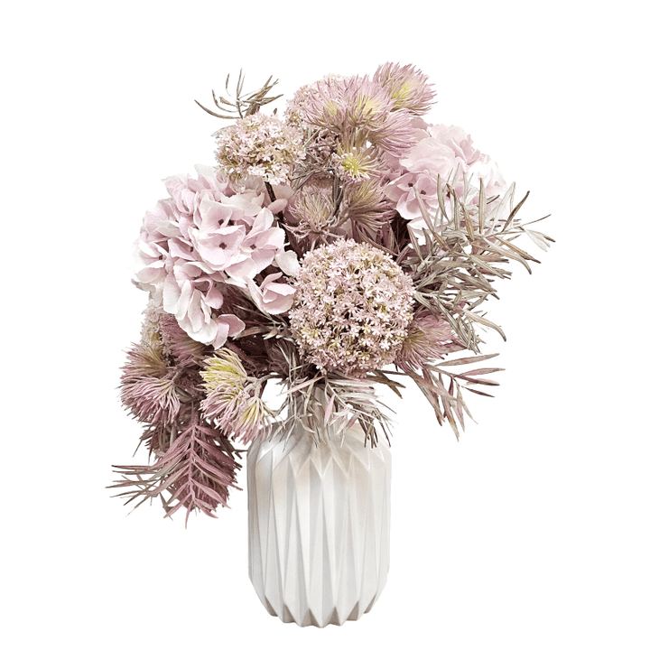 Hydrangeas, Snowballs, Thistle and Fern in Geometric White Vase 22"H - LDF Silk