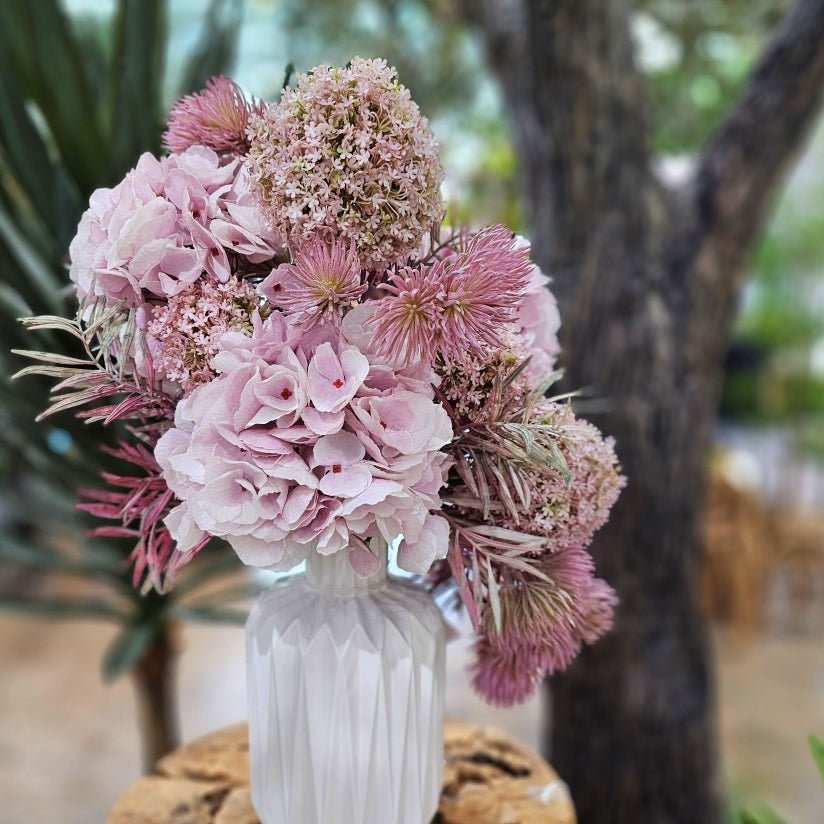 Hydrangeas, Snowballs, Thistle and Fern in Geometric White Vase 22"H - LDF Silk