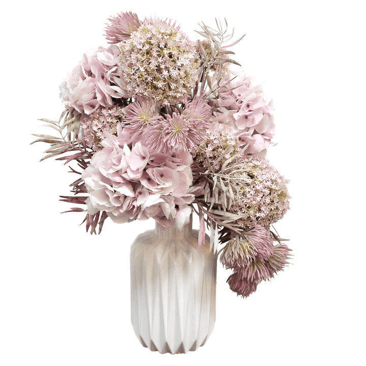 Hydrangeas, Snowballs, Thistle and Fern in Geometric White Vase 22"H - LDF Silk