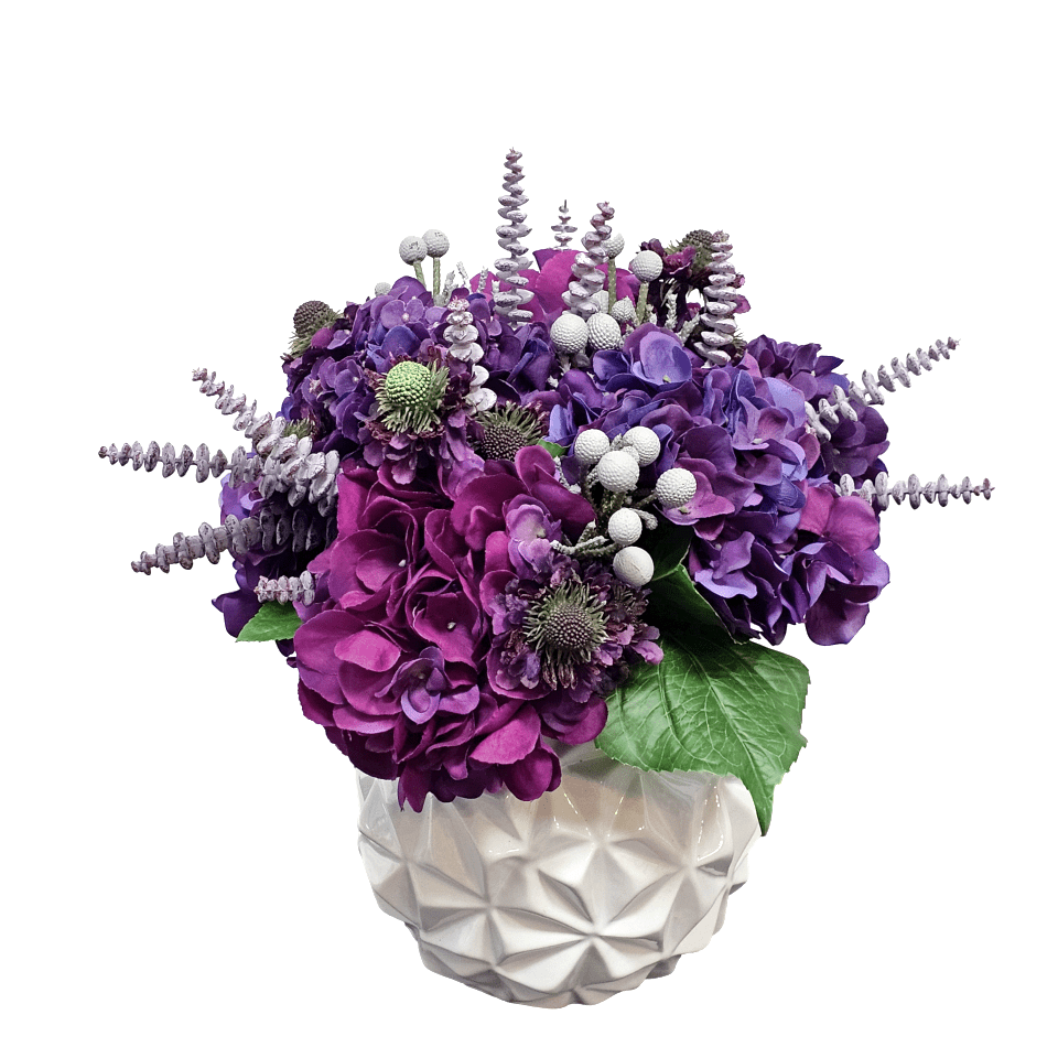Hydrangeas, Succulents and Scabiosa in Geometric Ball Vase 16"H - LDF Silk