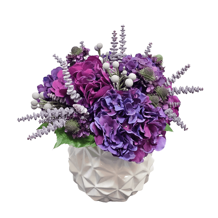 Hydrangeas, Succulents and Scabiosa in Geometric Ball Vase 16"H - LDF Silk