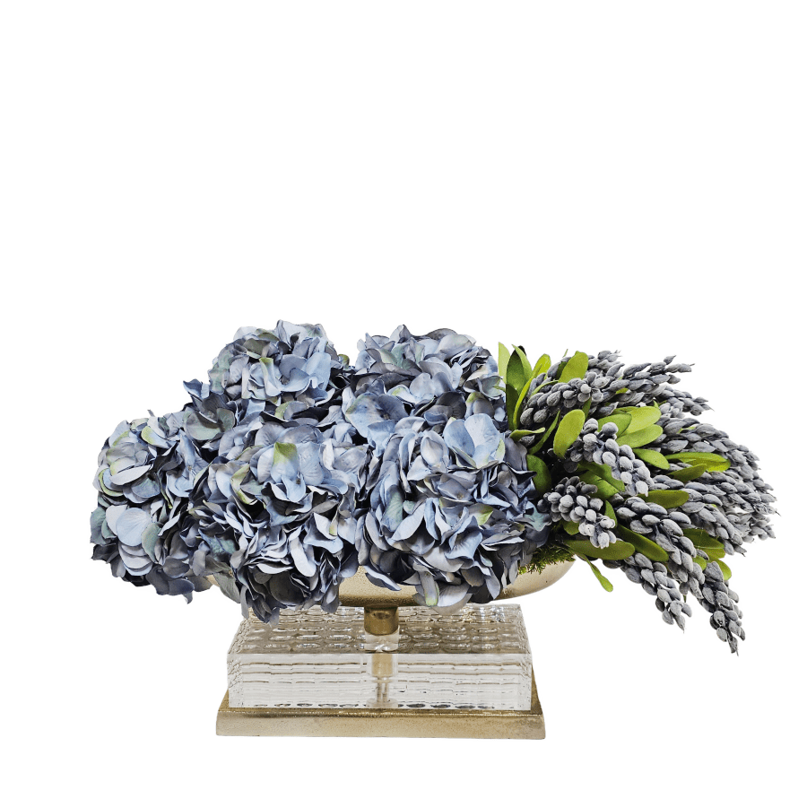 Hydrangeas with Berry Spray in Metal Oval on Textured Acrylic Base. 13.5"H x 23"W x 16"D - LDF Silk