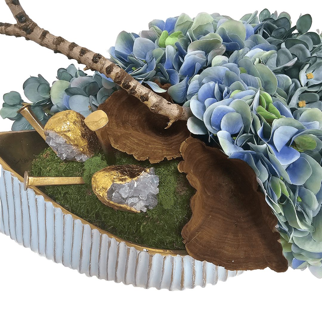 Hydrangeas with Crystals, Mushrooms and Tiger Wood in Metal Oval 25"H - LDF Silk