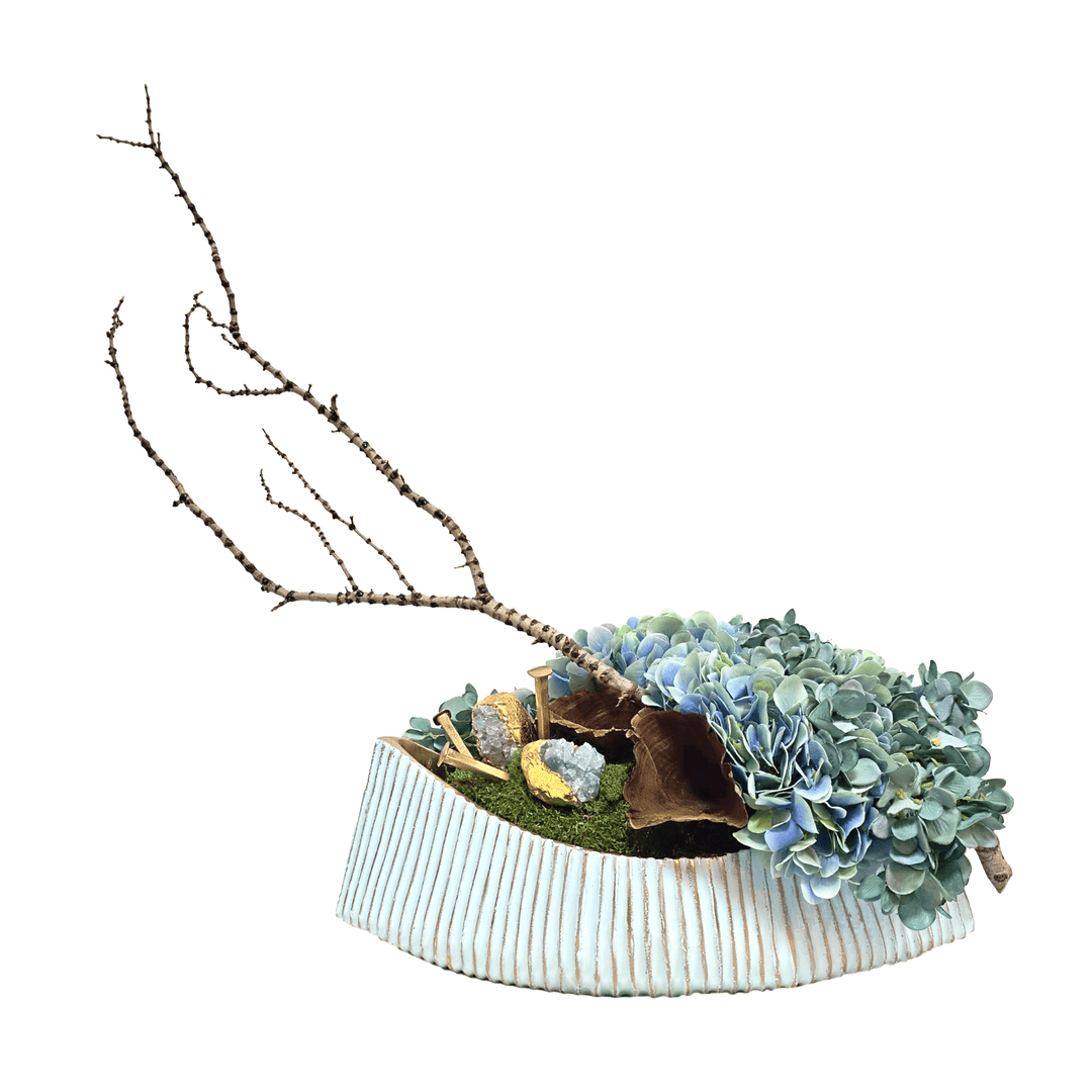 Hydrangeas with Crystals, Mushrooms and Tiger Wood in Metal Oval 25"H - LDF Silk