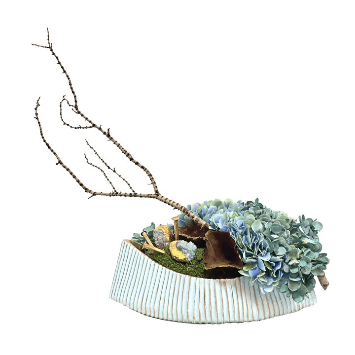 Hydrangeas with Crystals, Mushrooms and Tiger Wood in Metal Oval 25"H - LDF Silk