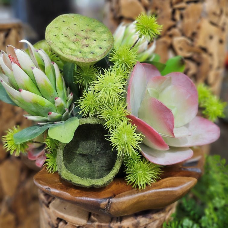 Kalanchoe, Lotus Pods, Protea and Globe Thistle in Teak Bowl 13"H - LDF Silk