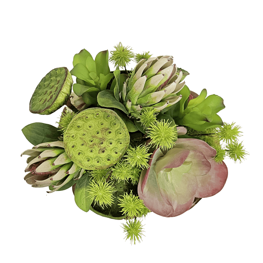 Kalanchoe, Lotus Pods, Protea and Globe Thistle in Teak Bowl 13"H - LDF Silk