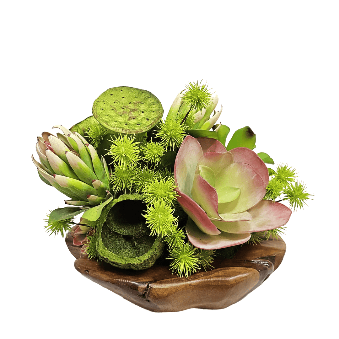 Kalanchoe, Lotus Pods, Protea and Globe Thistle in Teak Bowl 13"H - LDF Silk
