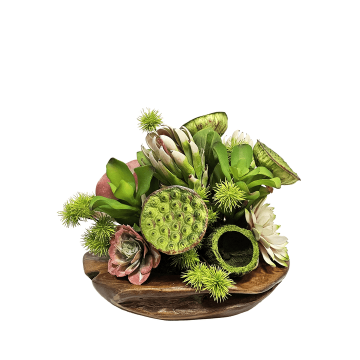 Kalanchoe, Lotus Pods, Protea and Globe Thistle in Teak Bowl 13"H - LDF Silk