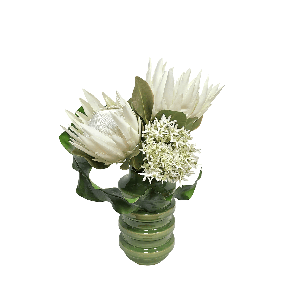 King Protea and Allium with Tropical Leaf in Ceramic Vase 18"H - LDF Silk