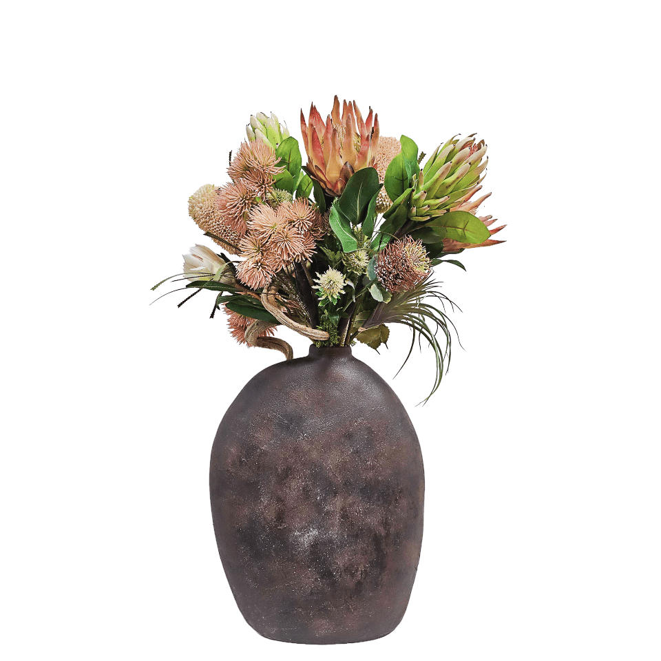 King Protea, Banksia, Thistle, Succulents and Curly Vine in Aged Terra Cotta Vase 42"H - LDF Silk
