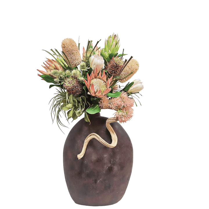 King Protea, Banksia, Thistle, Succulents and Curly Vine in Aged Terra Cotta Vase 42"H - LDF Silk