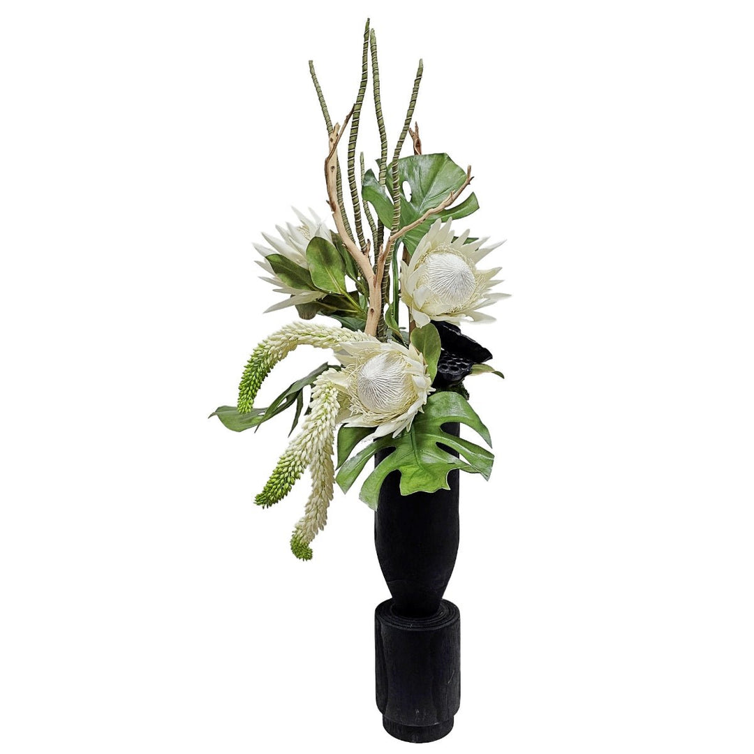 King Protea, Eremurus, Tropical Leaves and Lotus Pods in Wood Vase. 46"H - LDF SilkEremurus