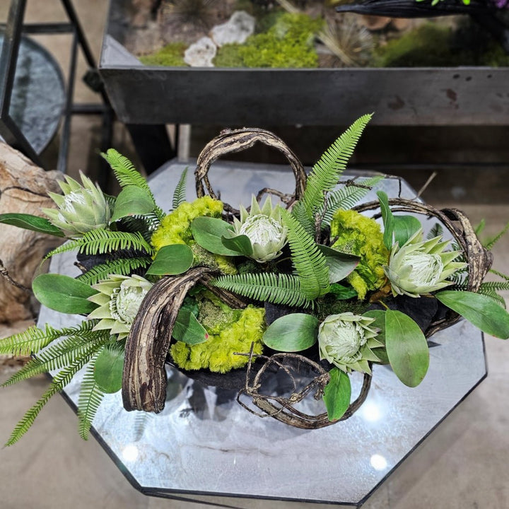 King Protea, Fern, and Cockscomb in Free Form Bowl 15"H - LDF Silk