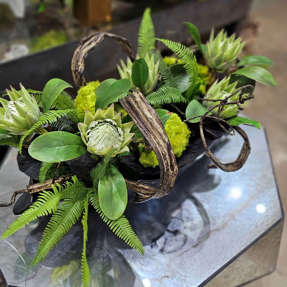 King Protea, Fern, and Cockscomb in Free Form Bowl 15"H - LDF Silk