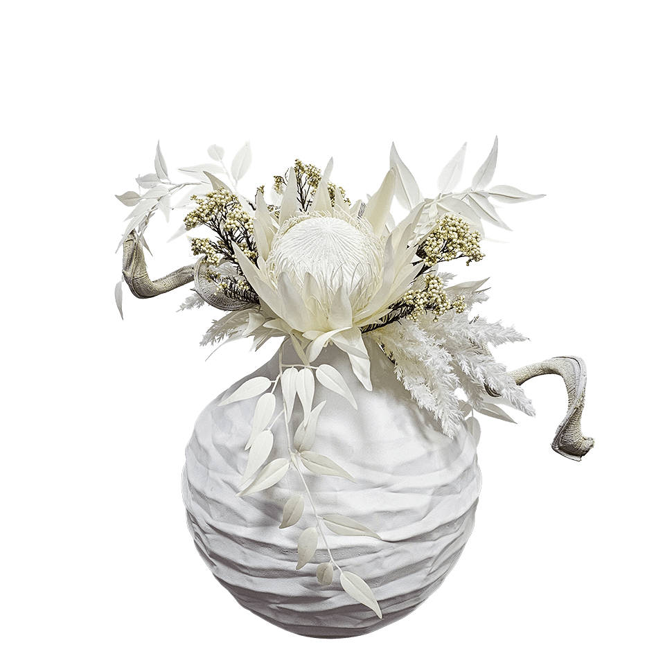 King Protea, Italian Ruscus, Pampus Grass, Dried Rice Flower with Sora Pod and Twisted Vine in Crinkle Metal Container. 22"H - LDF Silk