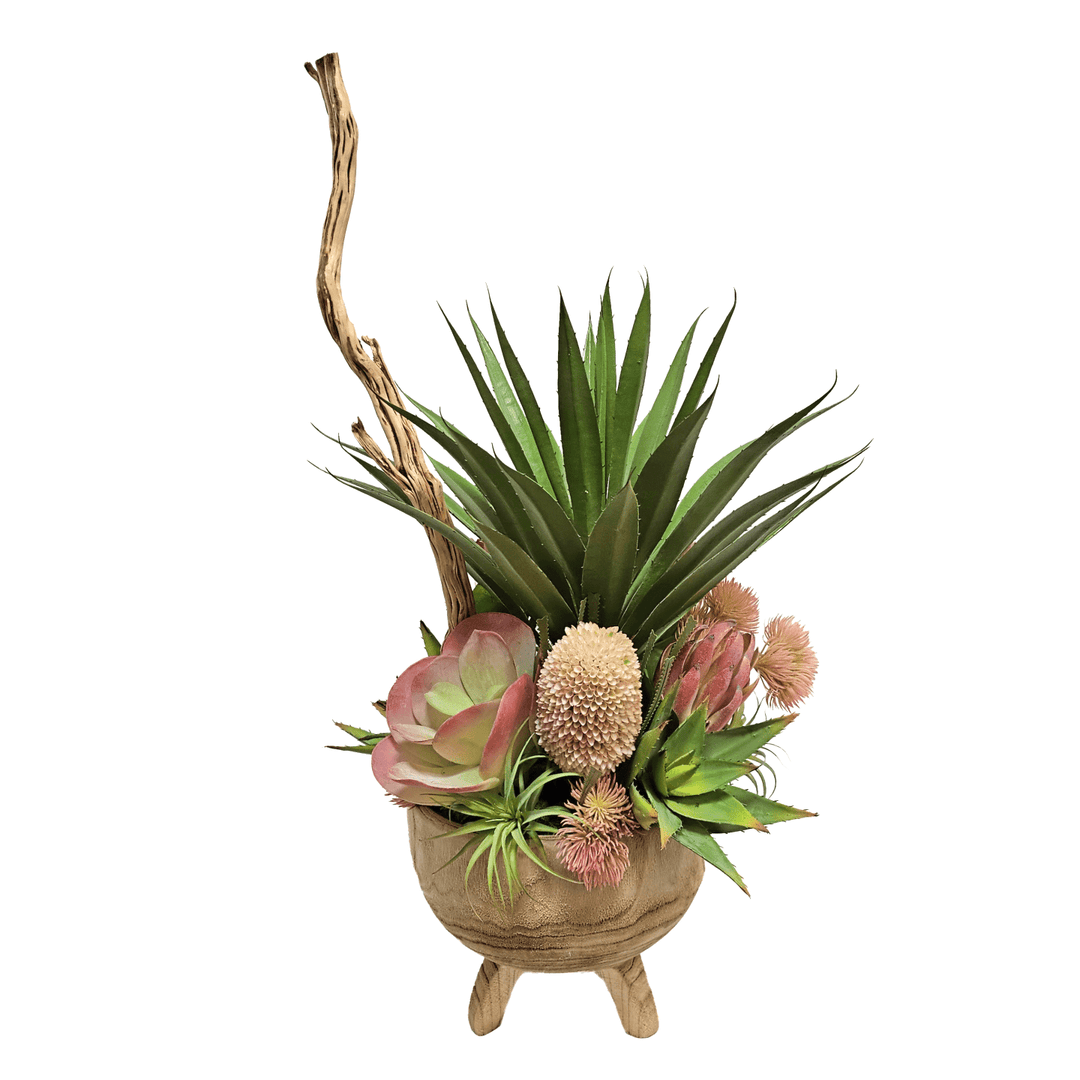 Large Agave, Protea, and Succulents with Tiger Wood in Wood Container 37"H - LDF Silk