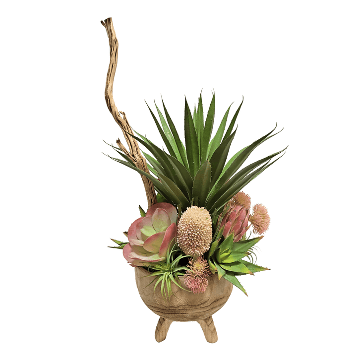 Large Agave, Protea, and Succulents with Tiger Wood in Wood Container 37"H - LDF Silk