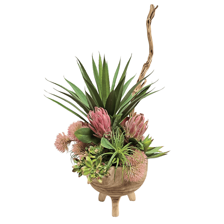 Large Agave, Protea, and Succulents with Tiger Wood in Wood Container 37"H - LDF Silk