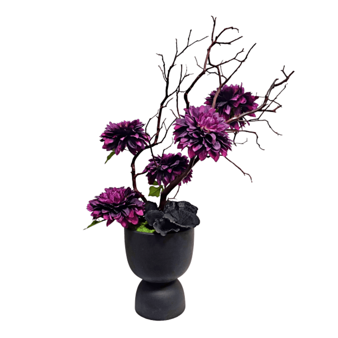 Large Dahlias Hand Drilled onto Natural Manzanita Branch with Black Mushrooms and Calice in Black Vase 48"H - LDF Silk