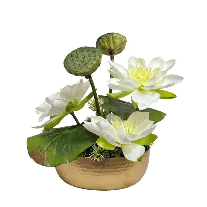 Lotus Blooms, Leaves, and Pod Spray in Gold Bowl. 17"H - LDF Silk