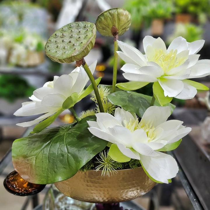 Lotus Blooms, Leaves, and Pod Spray in Gold Bowl. 17"H - LDF Silk