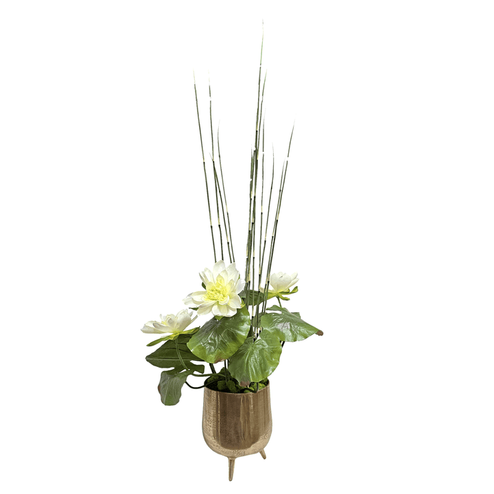 Lotus Blooms, Leaves and Water Bamboo in Metal Container 62"H - LDF Silk