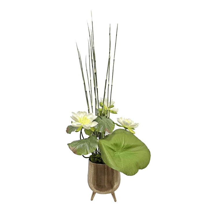 Lotus Blooms, Leaves and Water Bamboo in Metal Container 62"H - LDF Silk