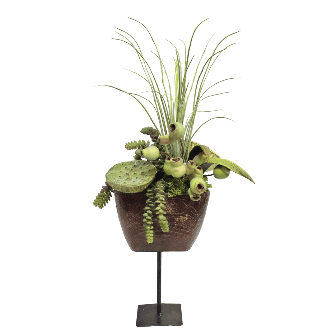 Lotus Pods, Grass and Burro's Tail in Antique Wood Cow Bell on Stand 26"H - LDF Silk