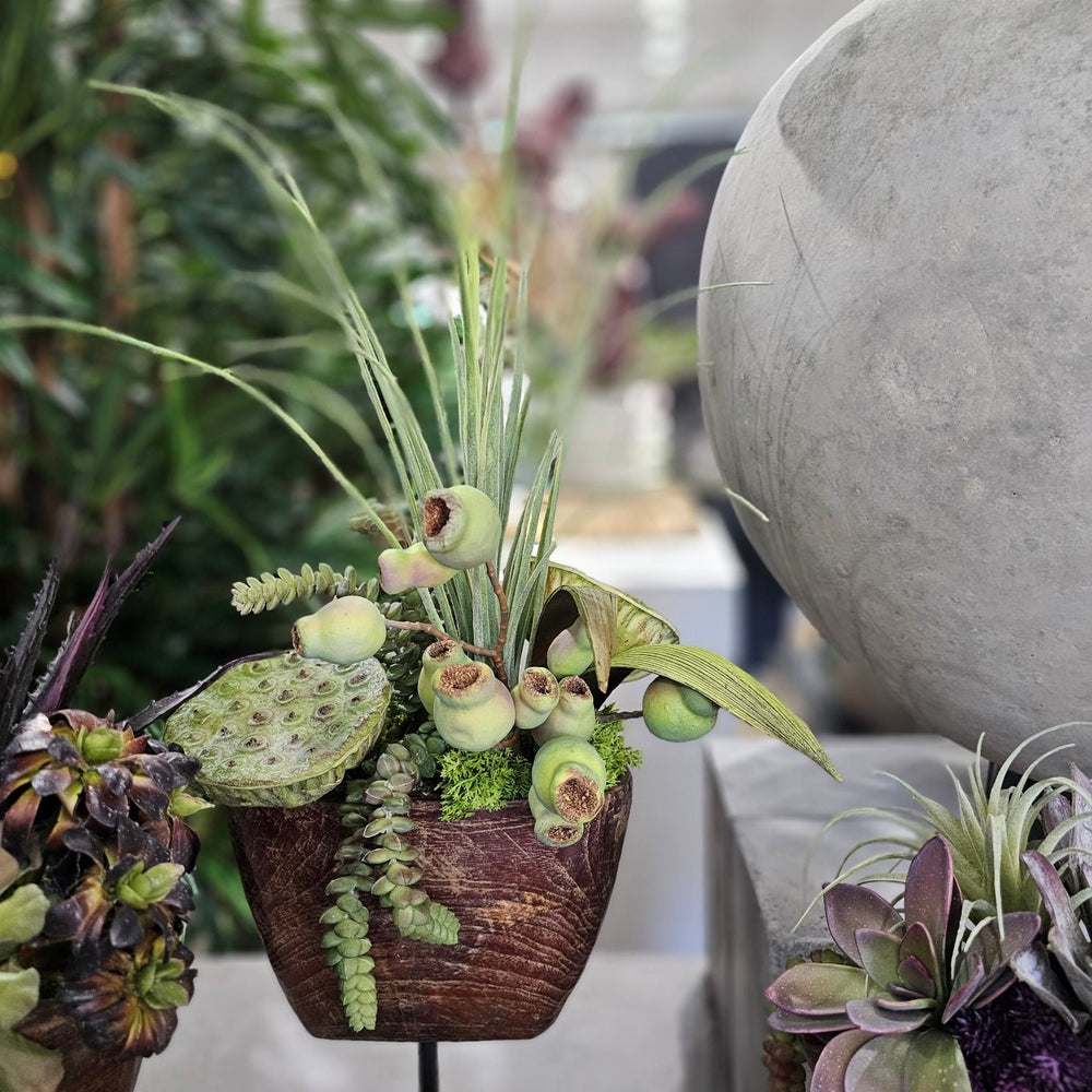Lotus Pods, Grass and Burro's Tail in Antique Wood Cow Bell on Stand 26"H - LDF Silk